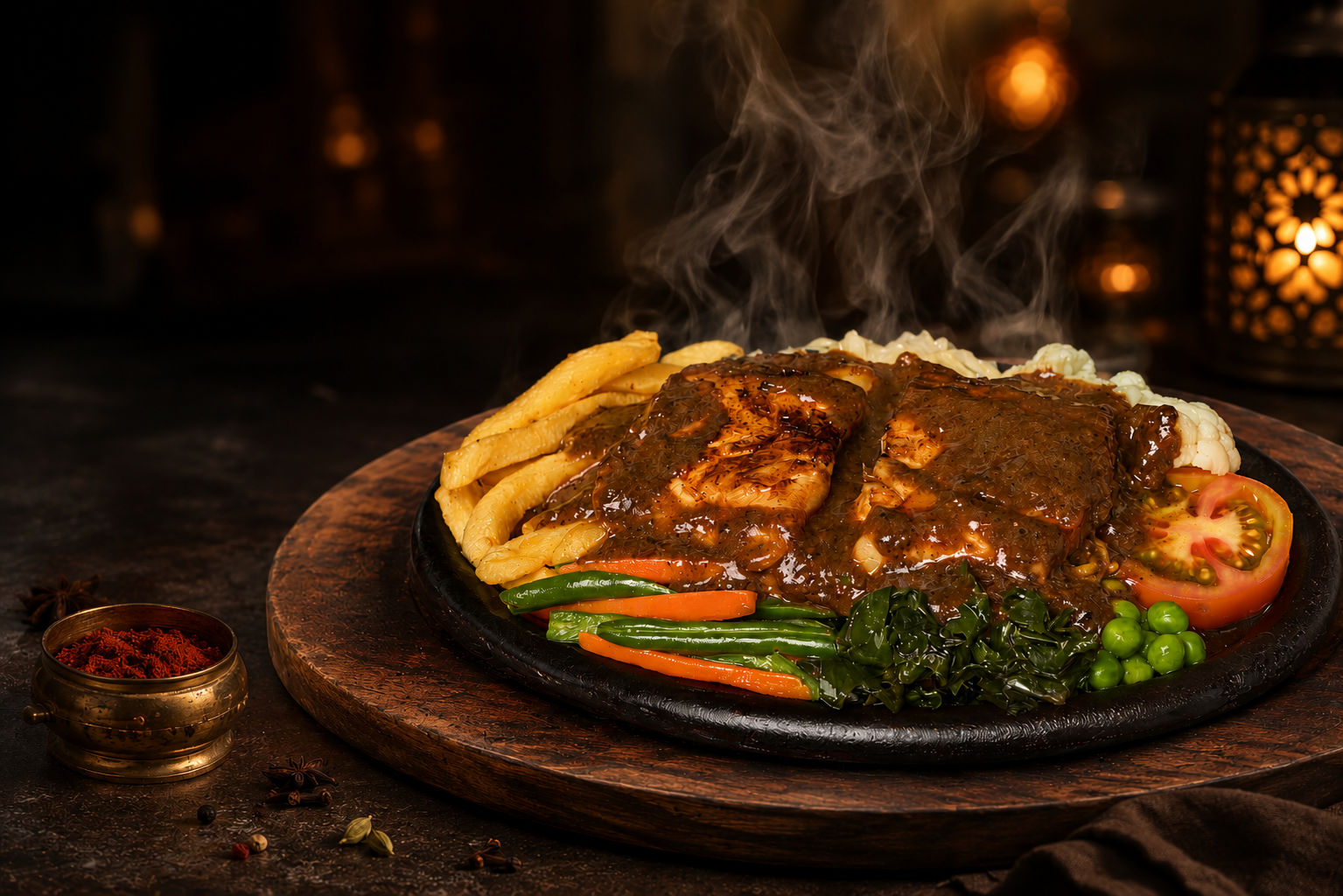 Indian sizzler platter arriving at the table, steaming on a cast-iron plate