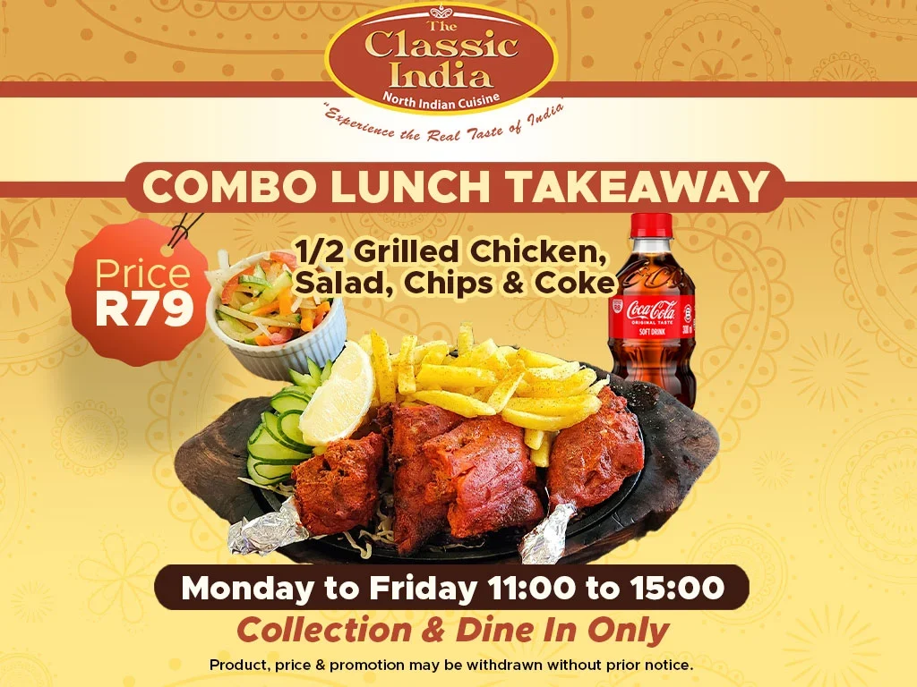 Combo lunch takeaway — ½ grilled chicken, salad, chips & Coke for R79