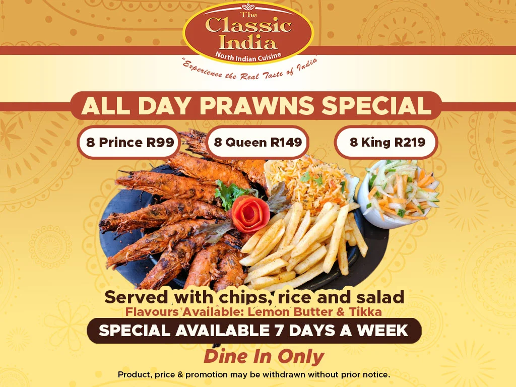 All day prawns special — 8 Prince R99, 8 Queen R149, 8 King R219
